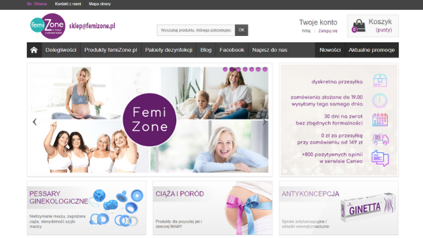 strona sklepu internetowego FemiZone, gdzie kobiety mające wysiłkowe nietrzymanie moczu mogą kupić produkty higieniczne i pessary ginekologiczne